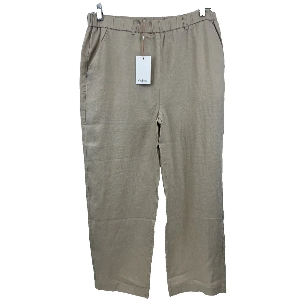 Quince Women's 100% European Linen Crop Pants NWT Size L Beige Pull On 3 Pocket